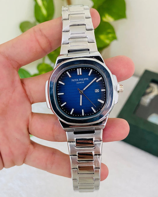 PP Date working white Chain Wrist Watch With Blue Dial